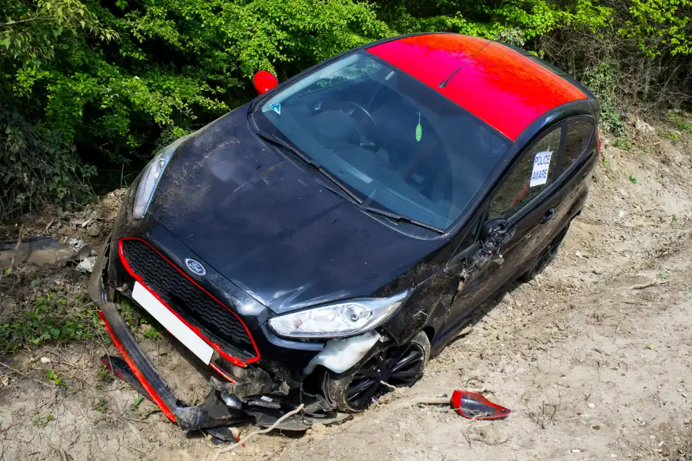 A red and black crashed car on the side of the road